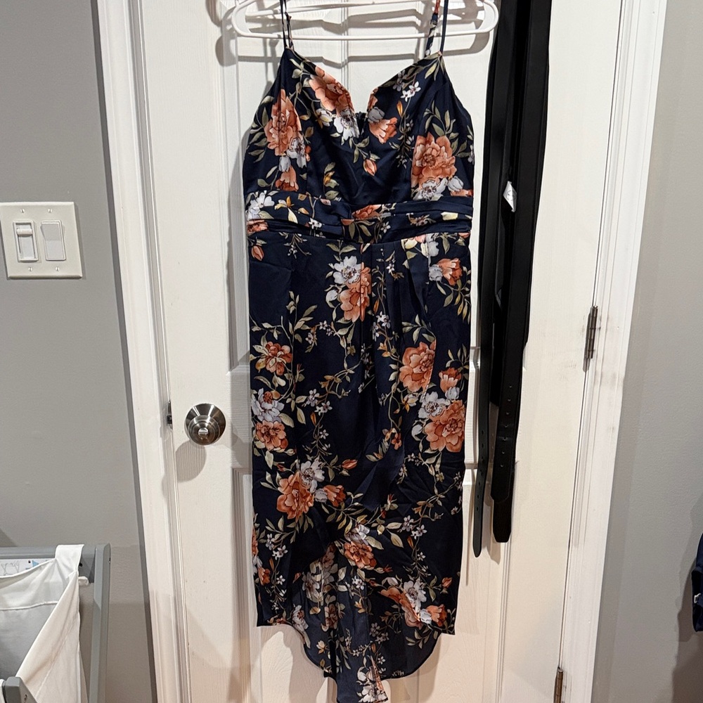 Lulu's Navy Floral Satin Midi Slip Dress with Rose Accents